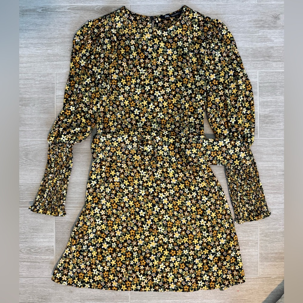 Zara Yellow Orange Floral Satin Belted Mini Dress S